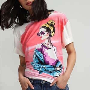 New York & Company Pink and White Graphic Tee